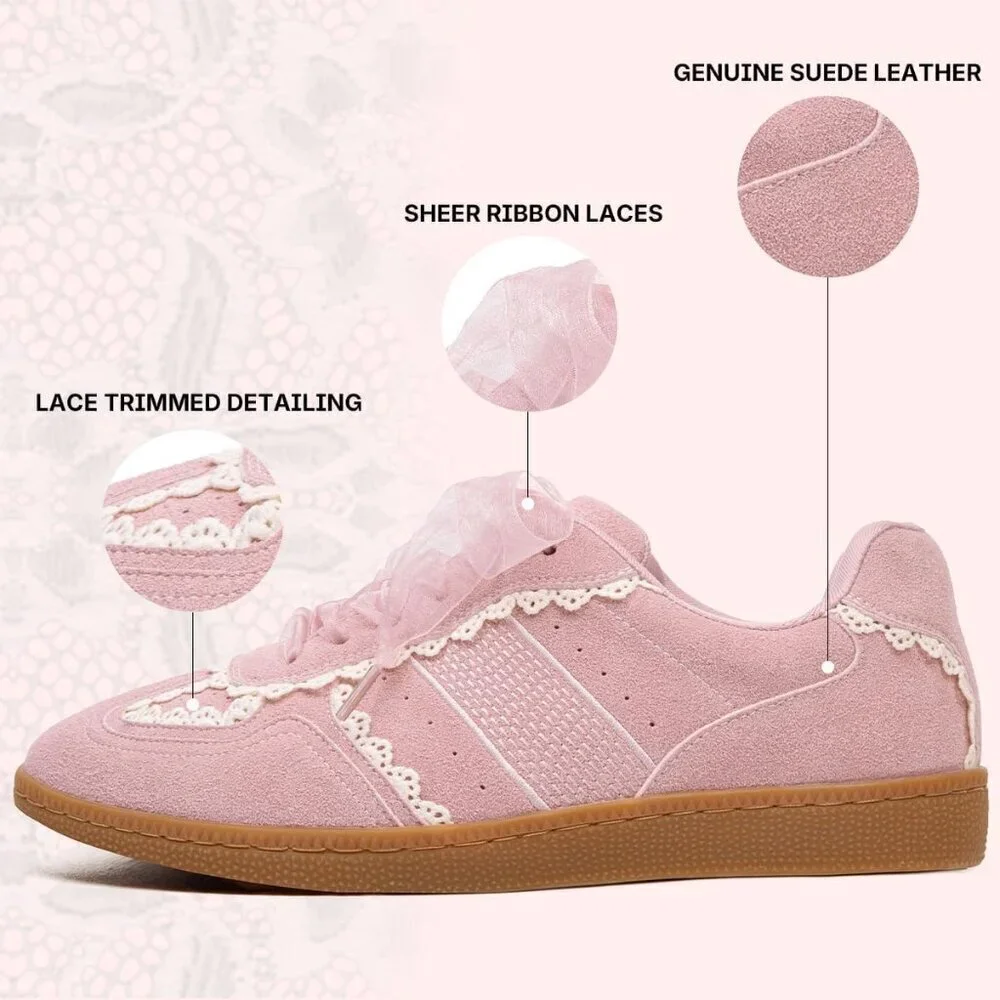 Casual Pink Sneakers Women with Lace Detail Ribbon Leather Upper Memory Foam